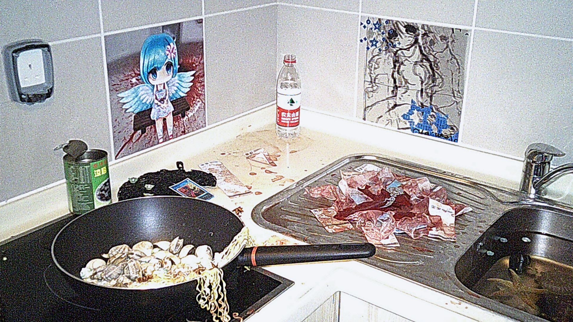 wider view of the kitchen sink. there's sticky seafood noodles, green jelly can, a bottle of water and some receipts with bloody liver and two waifus in the tiles staring