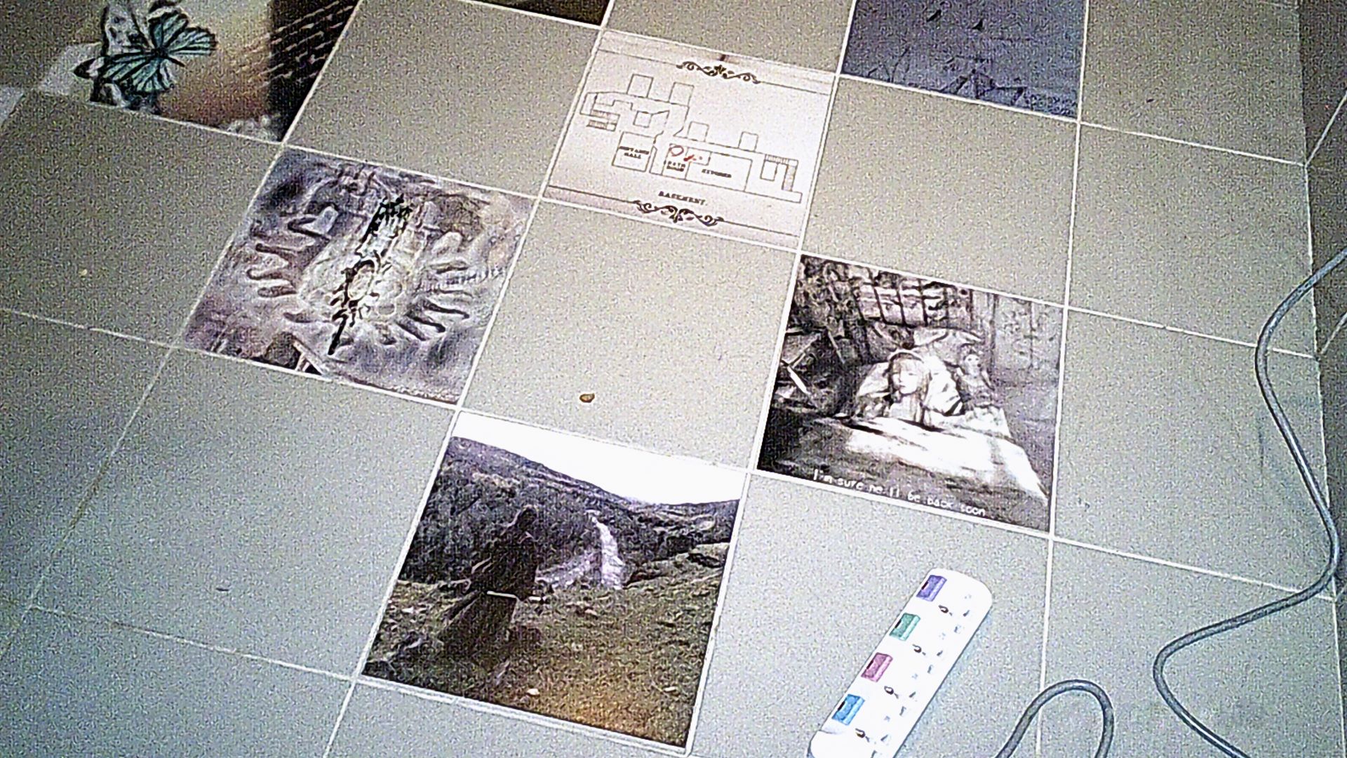 close up of tiles there is charlotte from cineris somnia in a bed, a girl walking in the montains, a butterfly and a collahe with a castle and other fadding abstract elements