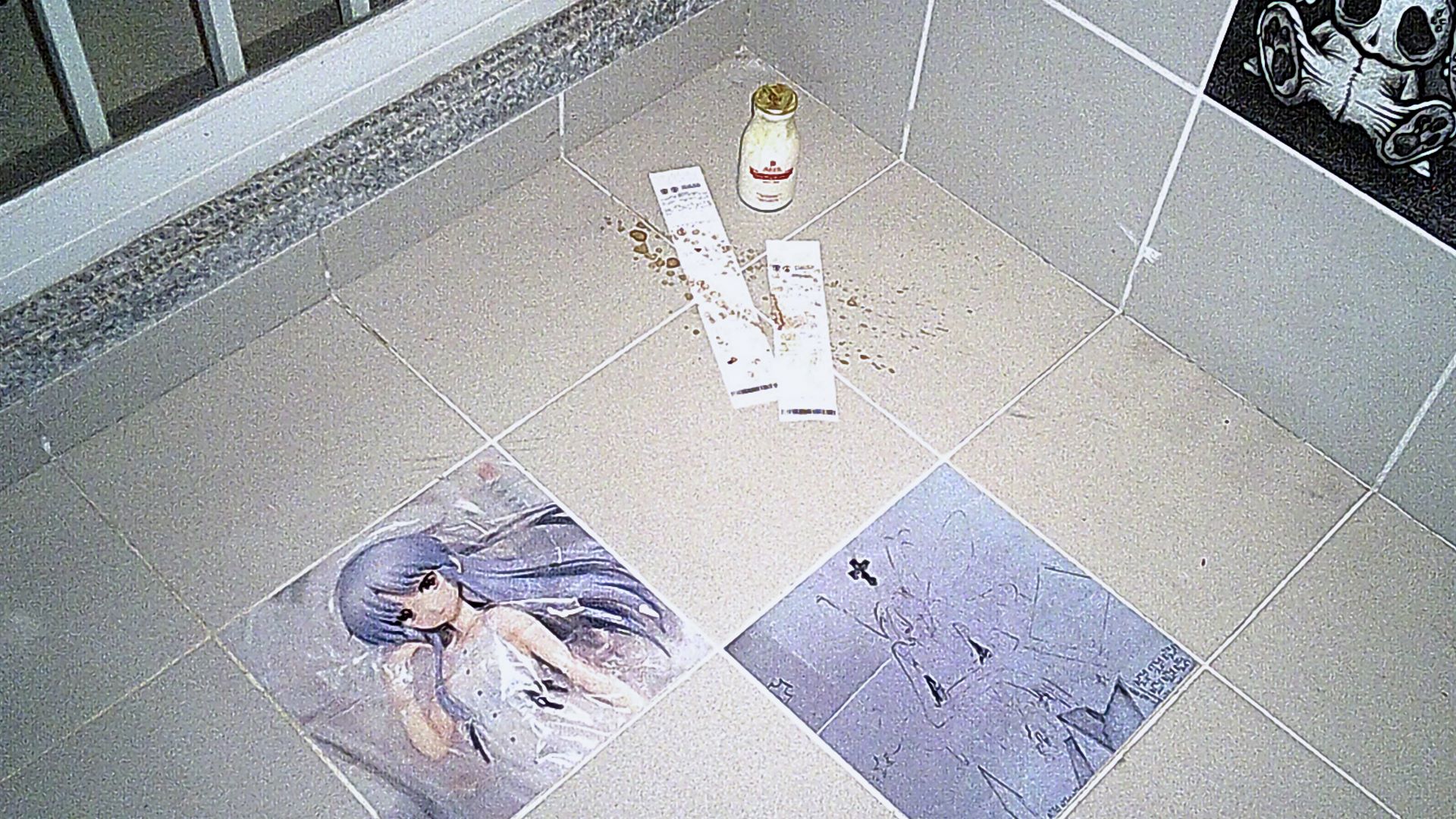 close up of a milk bottle with bloody supermarket receipts, a purple haired waifu wrapped in plastic and an unfinished drawing of a female creature