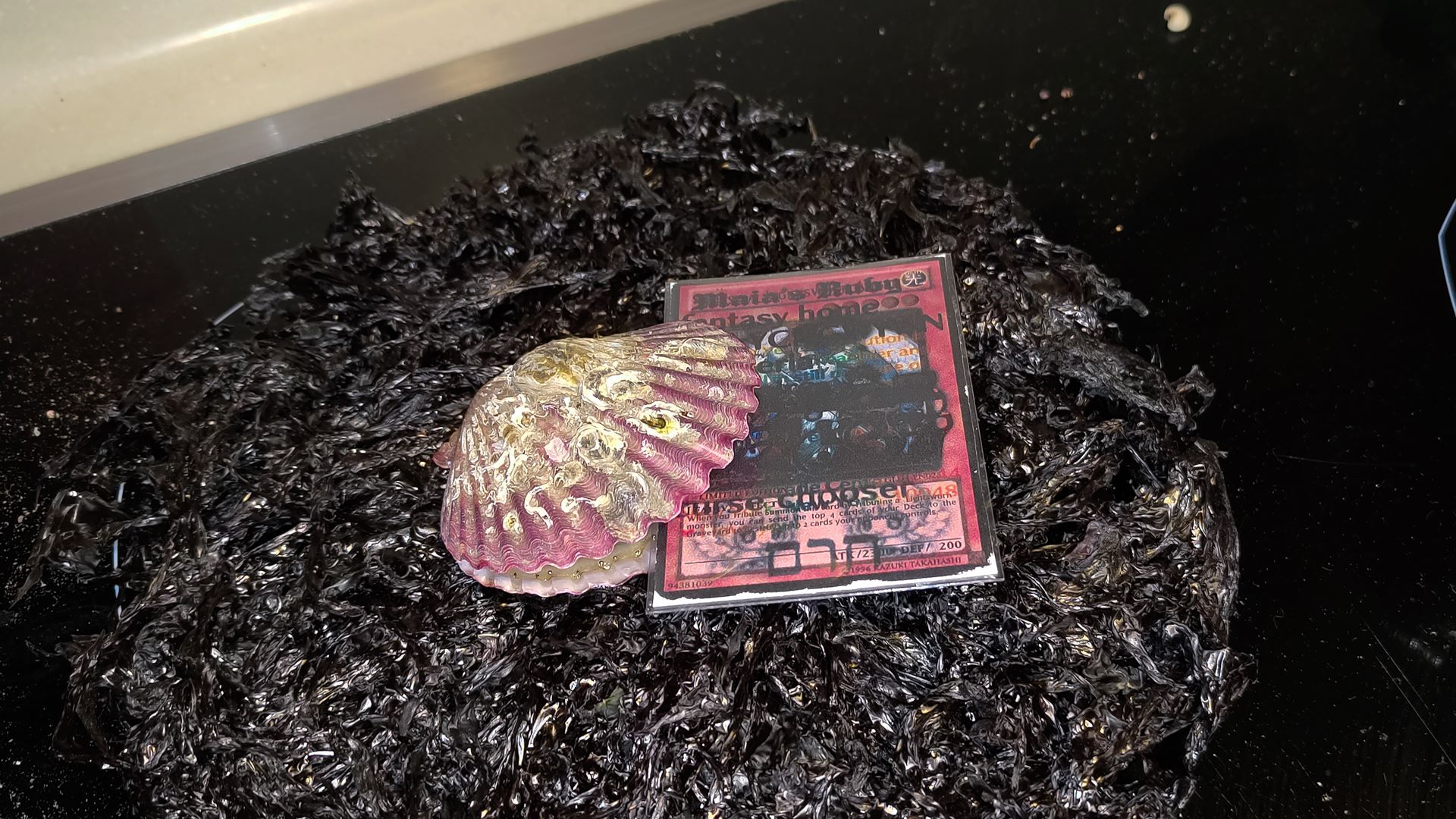 close up of rose redish clam holding a yu-gi-oh card in similar color